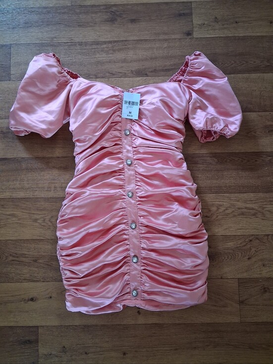 Dresses & Skirts - Satin Pink Ruched Puff Sleeve Mini Dress